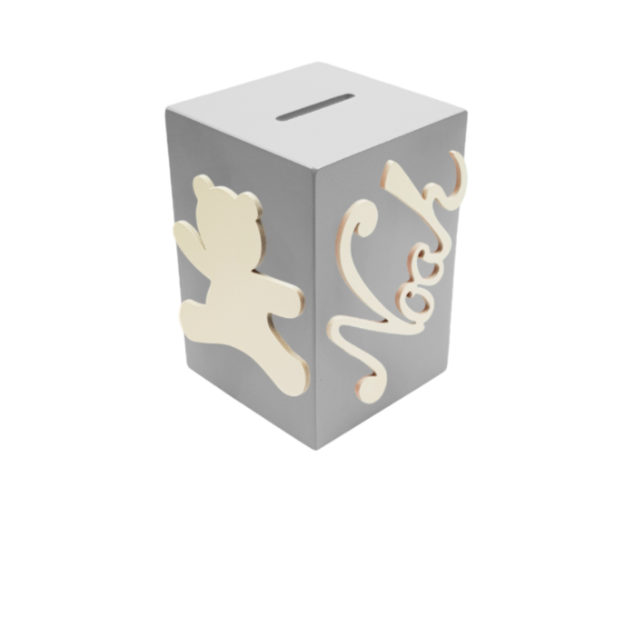 Tirelire en Bois pour Garçon - Motif Ourson - Couleur Gris