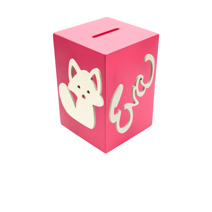 Tirelire en Bois pour Fille - Motif Renard - Couleur Framboise