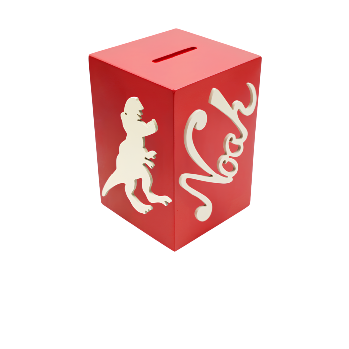 Tirelire en Bois pour Garçon - Motif Dinosaure - Couleur Rouge