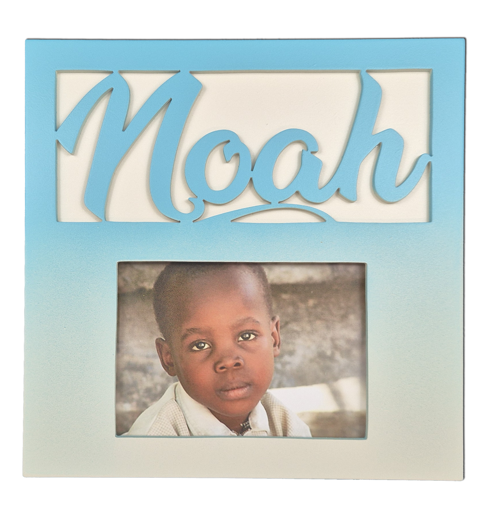 Cadre 1 photo pr�nom personnalisable en bois couleur Ecru/Turquoise