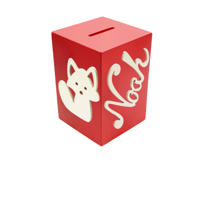 Tirelire en Bois pour Garçon - Motif Renard - Couleur Rouge