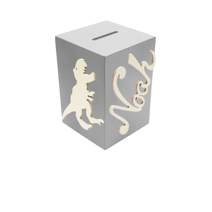 Tirelire en Bois pour Garçon - Motif Dinosaure - Couleur Grise