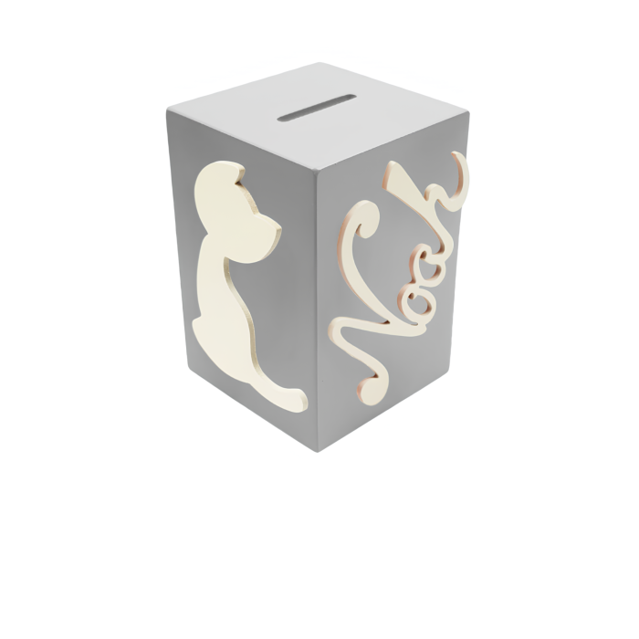 Tirelire en Bois pour Garçon - Motif Chat - Couleur Grise