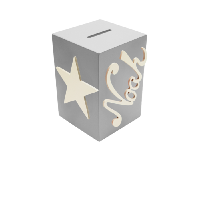 Tirelire en Bois pour Garçon - Motif Etoile - Couleur Gris