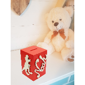 Tirelire en Bois pour Garçon - Motif Dinosaure - Couleur Rouge
