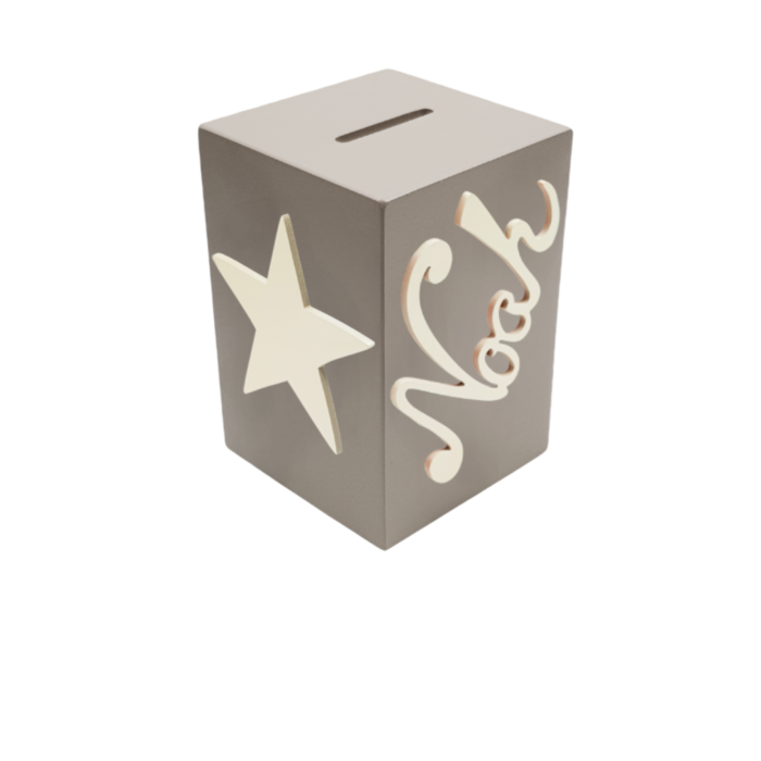 Tirelire en Bois pour Garçon - Motif Etoile - Couleur Mastic