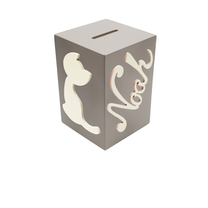 Tirelire en Bois pour Garçon - Motif Chat - Couleur Mastic