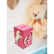 Tirelire en Bois pour Fille - Motif Cheval - Couleur Framboise