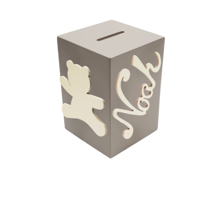 Tirelire en Bois pour Garçon - Motif Ourson - Couleur Mastic