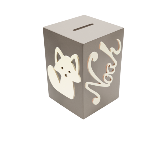 Tirelire en Bois pour Garçon - Motif Renard - Couleur Mastic