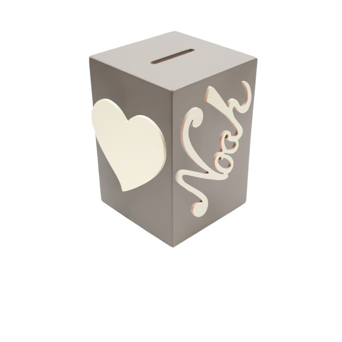 Tirelire en Bois pour Garçon - Motif Coeur - Couleur Mastic