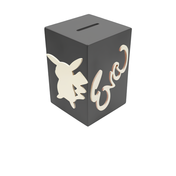 Tirelire en Bois pour Fille - Motif Pikachu - Couleur Anthracite