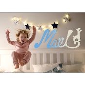 Plaque de Porte Personnalisée en Bois - Motif Girafe - Couleur Bleu/Ecru