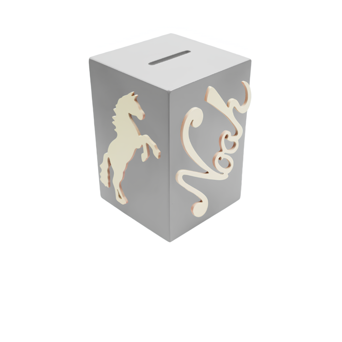 Tirelire en Bois pour Garçon - Motif Cheval - Couleur Grise
