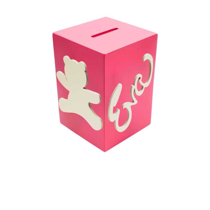 Tirelire en Bois pour Fille - Motif Ourson - Couleur Framboise